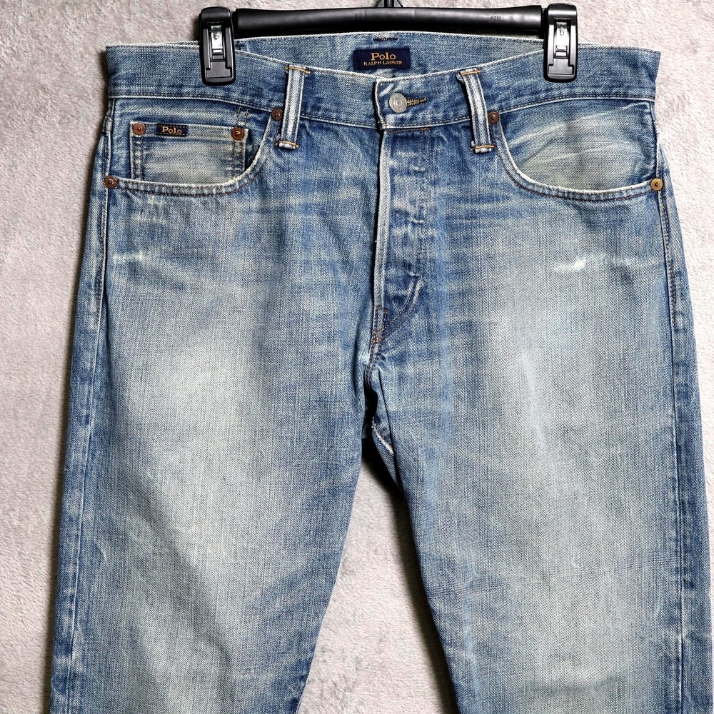 Polo Ralph Lauren Jeans Mens 34x32 Blue Sullivan Slim Denim Whiskering Distress - Picture 2 of 16